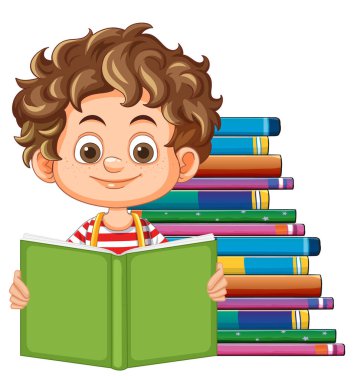 Mutlu çocuk yeşil bir kitap okuyor.