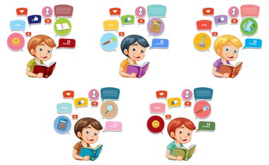 Çocuklar çeşitli düşünce simgelerini içeren kitaplar okuyor.