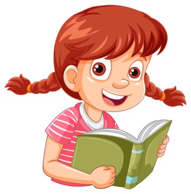 At kuyruklu gülümseyen kız kitap okuyor.