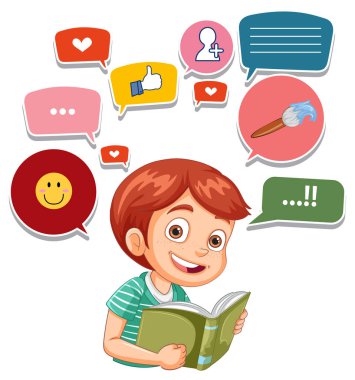Çeşitli düşünce kabarcıklarıyla okuyan bir çocuk