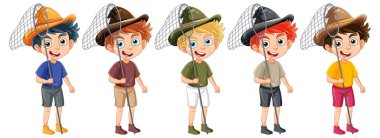 Beş çocuk balık ağları tutuyor, mutlu bir şekilde gülümsüyor.