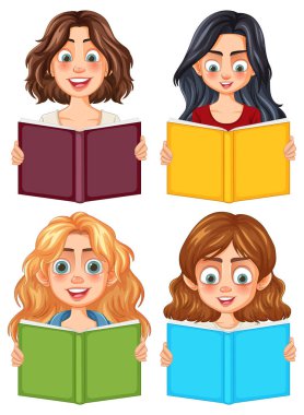 Farklı renkte kitaplar okumayı seven dört kadın.