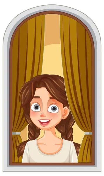 stock vector Happy girl peeking through window curtains