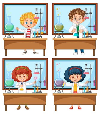 Çocuklar laboratuarda deney yapıyor.