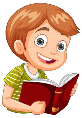 Gülümseyen çocuk kırmızı kitaptan hoşlanıyor.