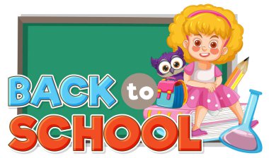 Okul malzemeleri ve karatahta taşıyan kız.