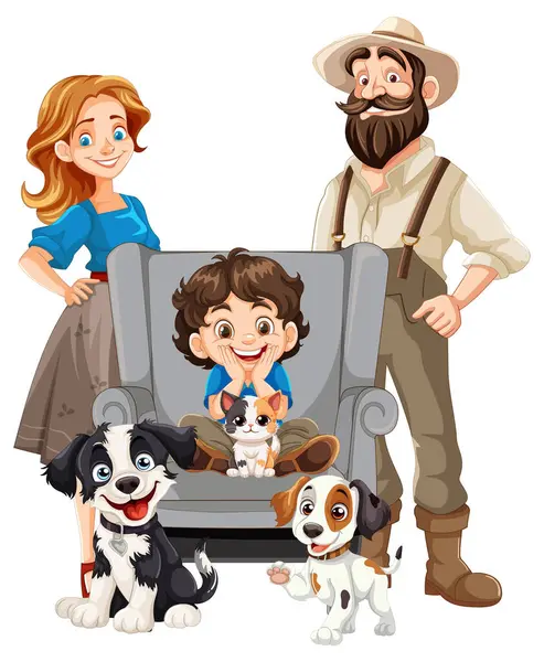 stock vector Family portrait with two dogs and a cat