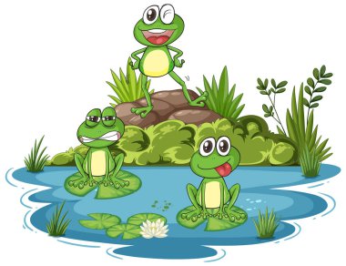 Üç kurbağa gölet sahnesinin tadını çıkarıyor