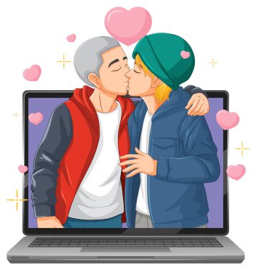 Laptop ekranından öpüşen iki kişi.