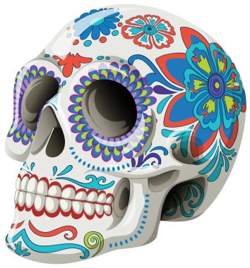 Decorative skull with vibrant floral patterns clipart