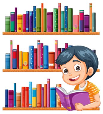 Kütüphanede kitap okuyan bir çocuk.