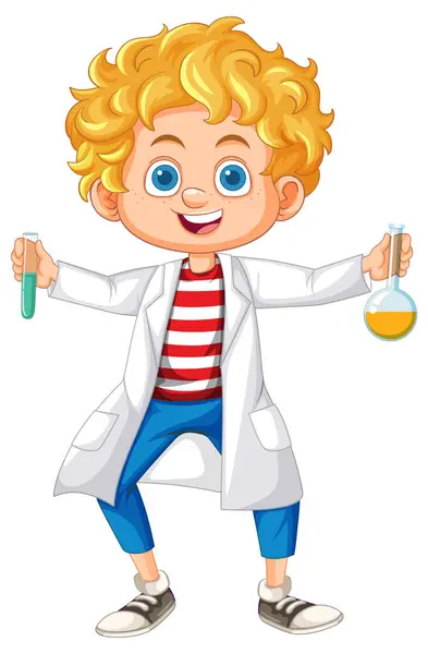 stock vector Child holding test tubes in a lab coat