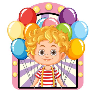 Mutlu çocuk canlı balonlar tutuyor, parlak bir şekilde gülümsüyor.