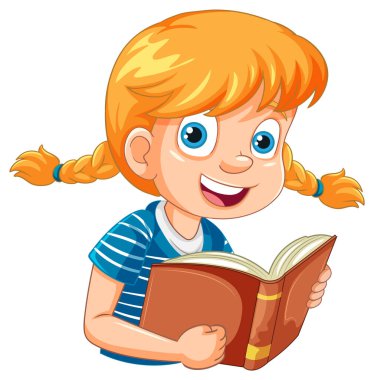 Saçları örgülü gülümseyen kız elinde bir kitap tutuyor.