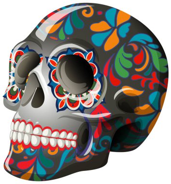 Vibrant decorated skull with floral patterns clipart