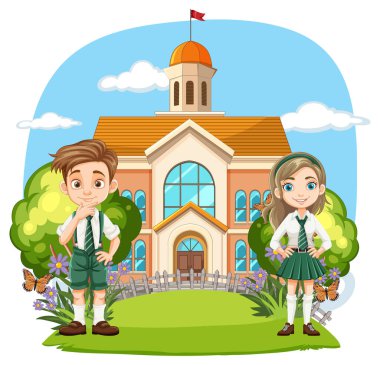 Okulun önünde duran iki çocuk.