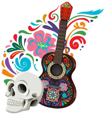 Dekoratif kafatası ve çiçek desenli canlı bir gitar.