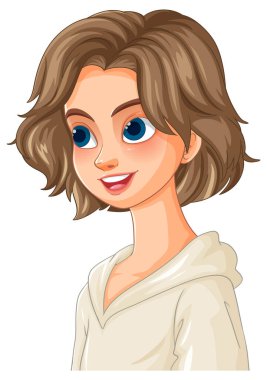 Kısa kahverengi saçlı, gülümseyen animasyon kadın.