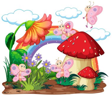 Sihirli bahçe sahnesinde renkli kelebekler