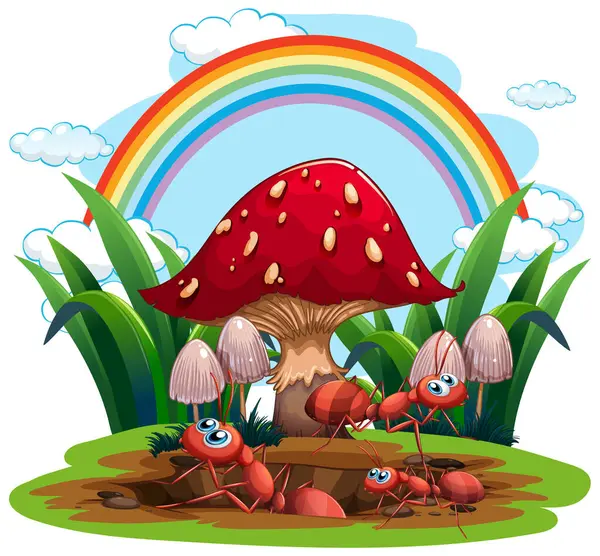 stock vector Ants working together under a mushroom