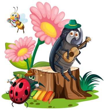 Böcekler renkli çiçeklerin yanında enstrüman çalıyorlar