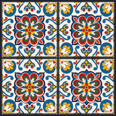 Canlı çiçek ve geometrik fayans tasarımı