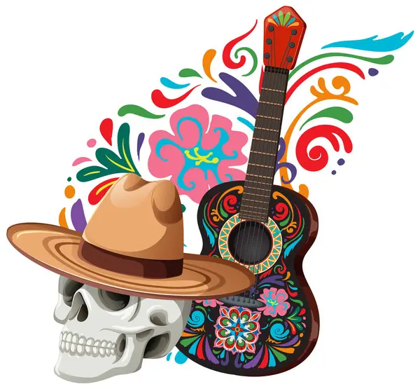 stock vector Colorful guitar, skull, and sombrero illustration