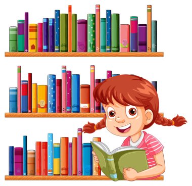 Genç kız mutlu bir şekilde kitap okuyor.