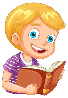 Gülümseyen çocuk güzel bir kitabın tadını çıkarıyor.