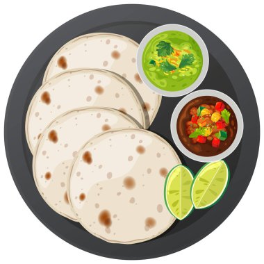 Guacamole, fasulye ve limon dilimli tortilla.