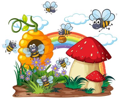 Çiçekler ve mantarlar arasında vızıldayan arılar