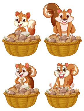 Fındık dolu sepetli dört neşeli sincap