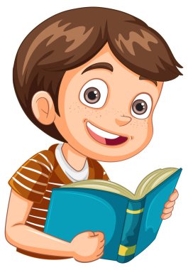 Gülümseyen çocuk mavi kitaptan zevk alıyor.