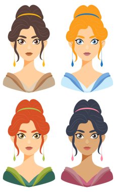 Canlı renklerde dört farklı prenses çizimi.