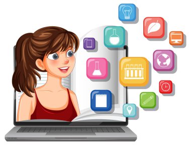Eğitim simgeleriyle çevrimiçi kız öğrenme