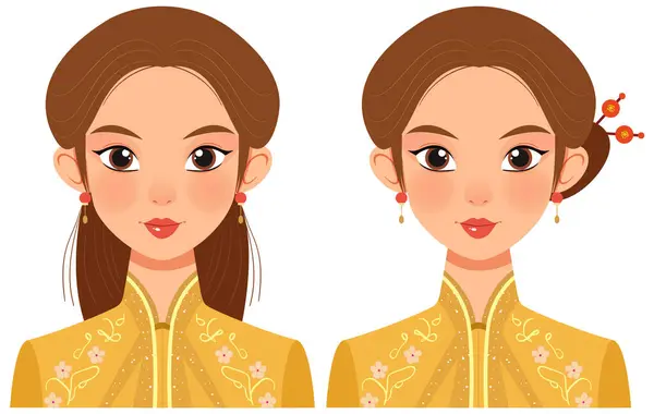 stock vector Two women in traditional Asian attire