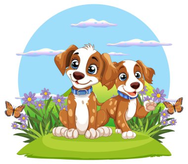 Çiçek tarlasında oturan iki yavru.