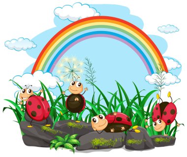 Gökkuşağı arka planında kayalarda oynayan uğur böcekleri