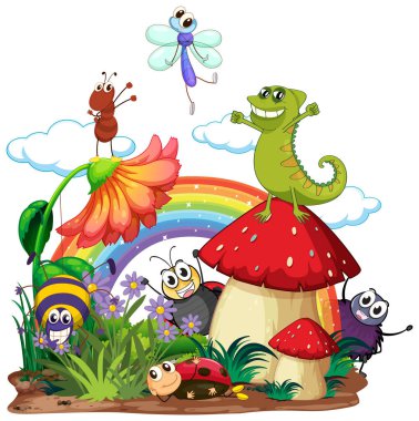 Bir orman sahnesinde renkli hayvanlar ve böcekler