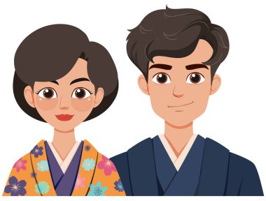 Geleneksel Japon elbiseli bir çift.