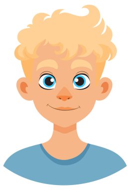 Sarı saçlı, mavi gözlü, gülümseyen çocuk.