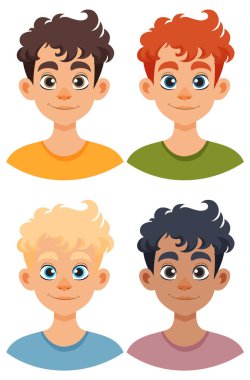 Farklı saç renkleri olan dört çizgi film çocuğu.