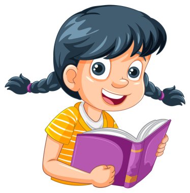 At kuyruklu gülümseyen kız kitap okuyor.