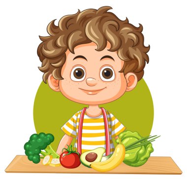Sağlıklı sebzelerle çevrili gülümseyen bir çocuk.