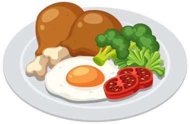 Tavuk, yumurta, brokoli ve domatesli tabak.