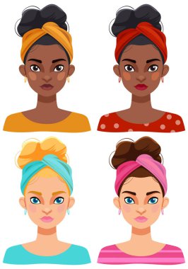 Renkli başlıkları ve ifadeleri olan dört kadın