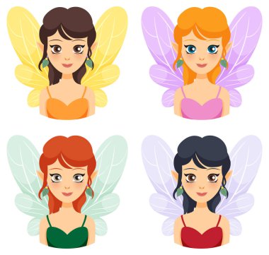 Farklı saç ve kanat renklerine sahip dört peri.