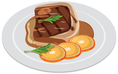 Taze portakal dilimleriyle servis edilen lezzetli biftek.