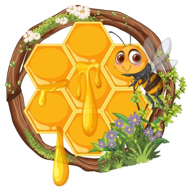 A bee near honeycomb surrounded by flowers clipart