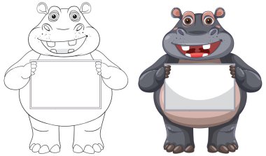 Two hippos holding blank signs, one colored clipart